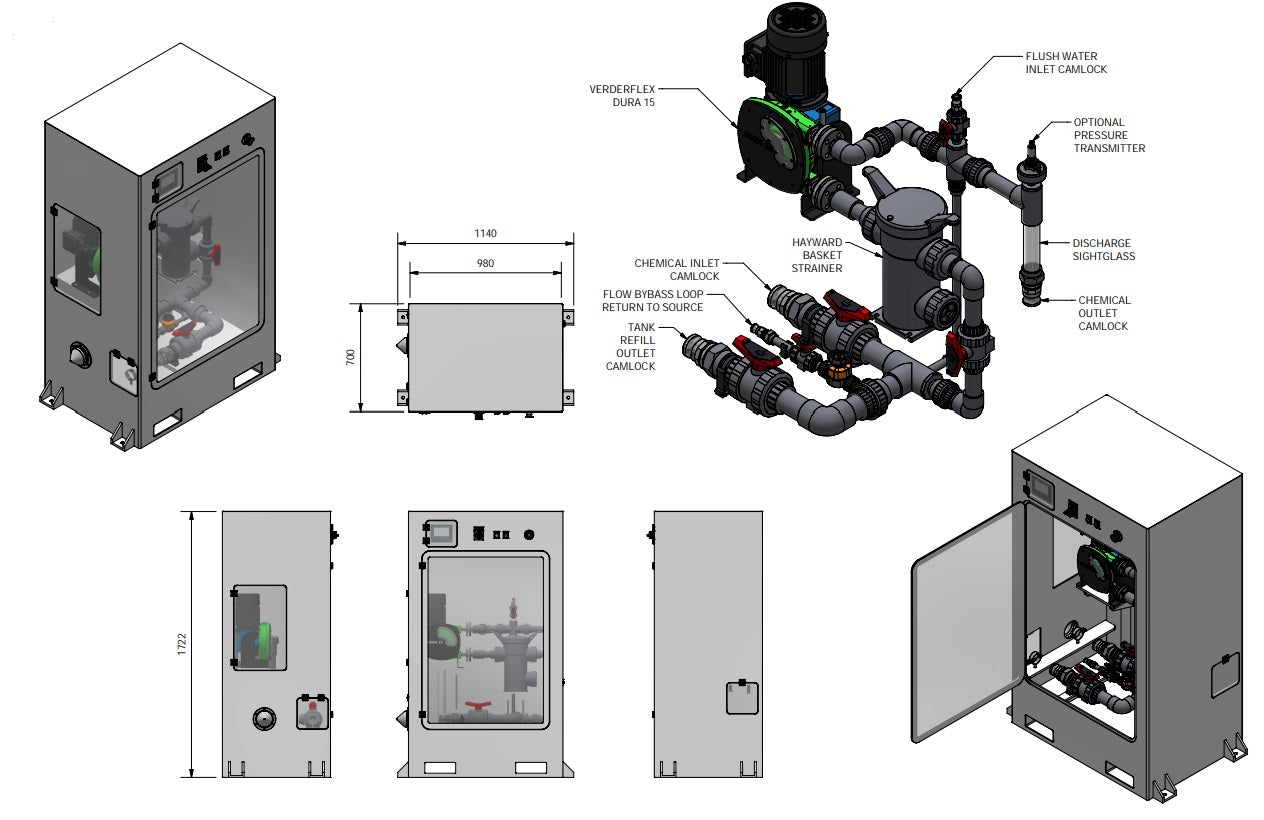 Engineering drawings of a dosing station cabinet showing dimensions, pump, basket strainer, camlock connections and sight glass